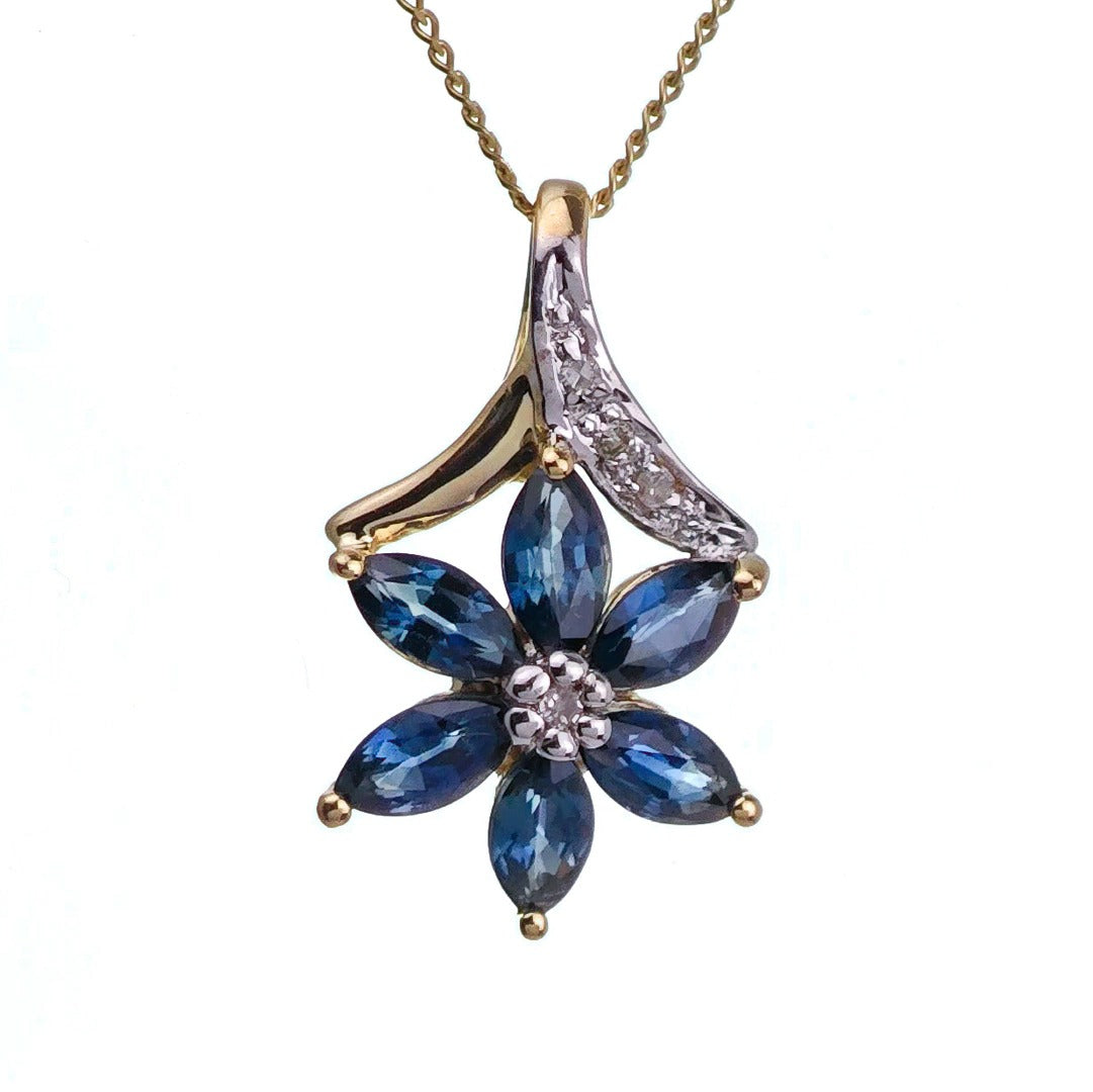 9ct Sapphire Necklace Yellow Gold 0.86ct Blue Marquise Natural Gemstone