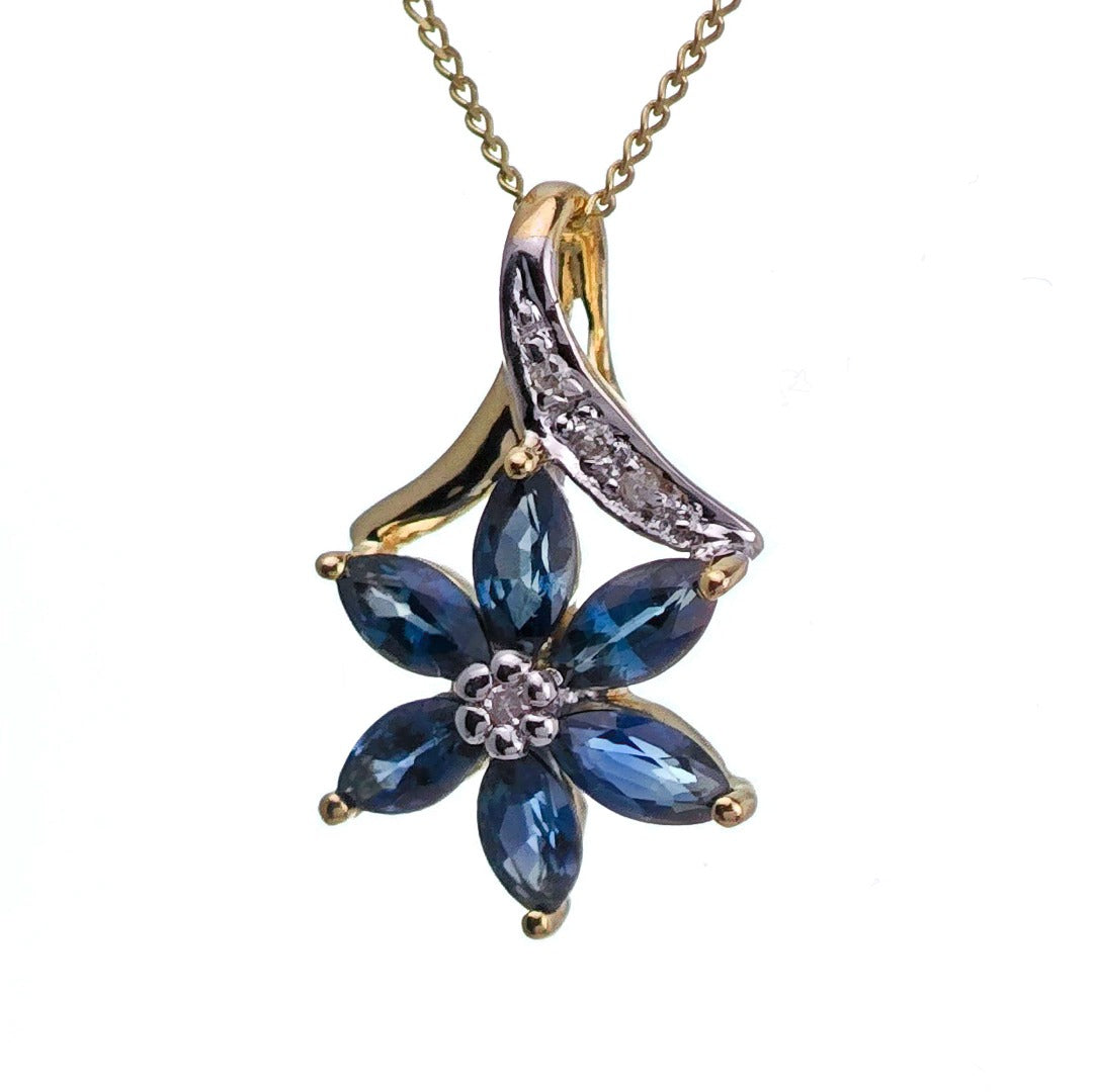 9ct Sapphire Necklace Yellow Gold 0.86ct Blue Marquise Natural Gemstone