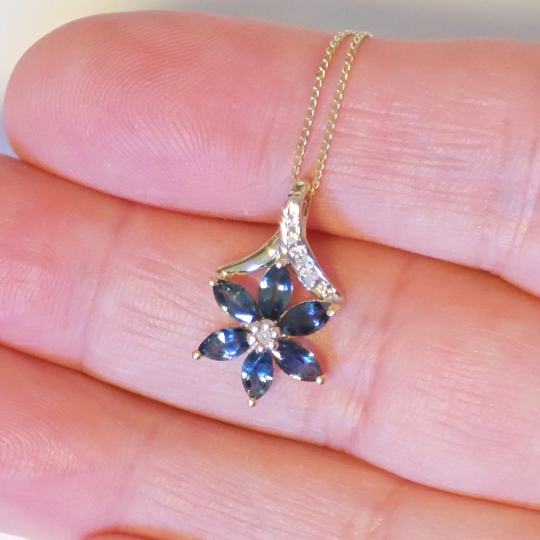 9ct Sapphire Necklace Yellow Gold 0.86ct Blue Marquise Natural Gemstone
