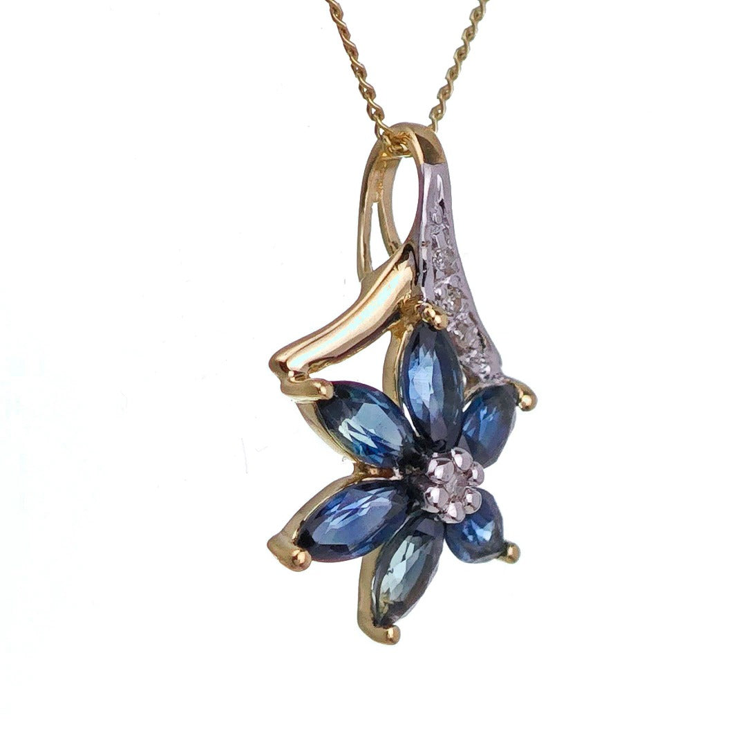 9ct Sapphire Necklace Yellow Gold 0.86ct Blue Marquise Natural Gemstone