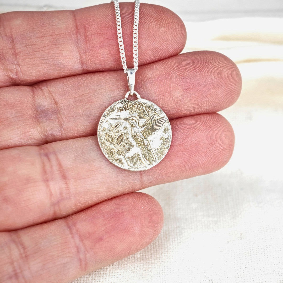 Silver Hummingbird Coin Necklace Pendant Engrave Option Personalise