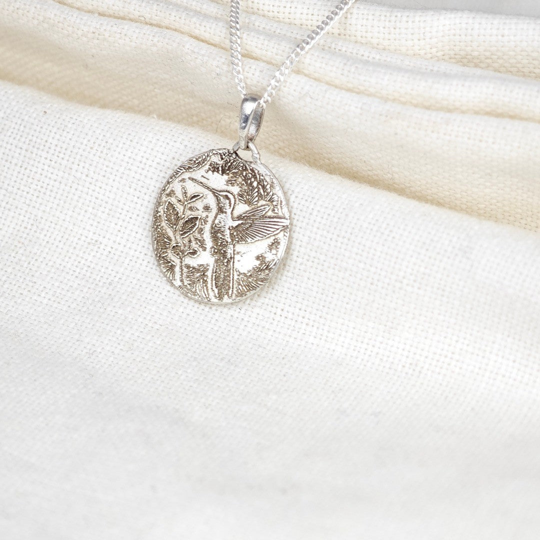 Silver Hummingbird Coin Necklace Pendant Engrave Option Personalise