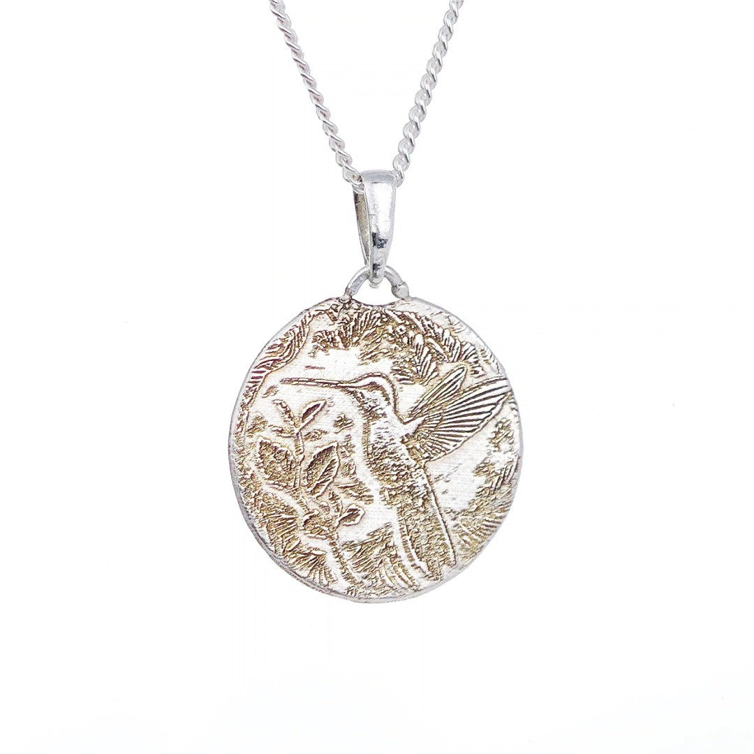 Silver Hummingbird Coin Necklace Pendant Engrave Option Personalise
