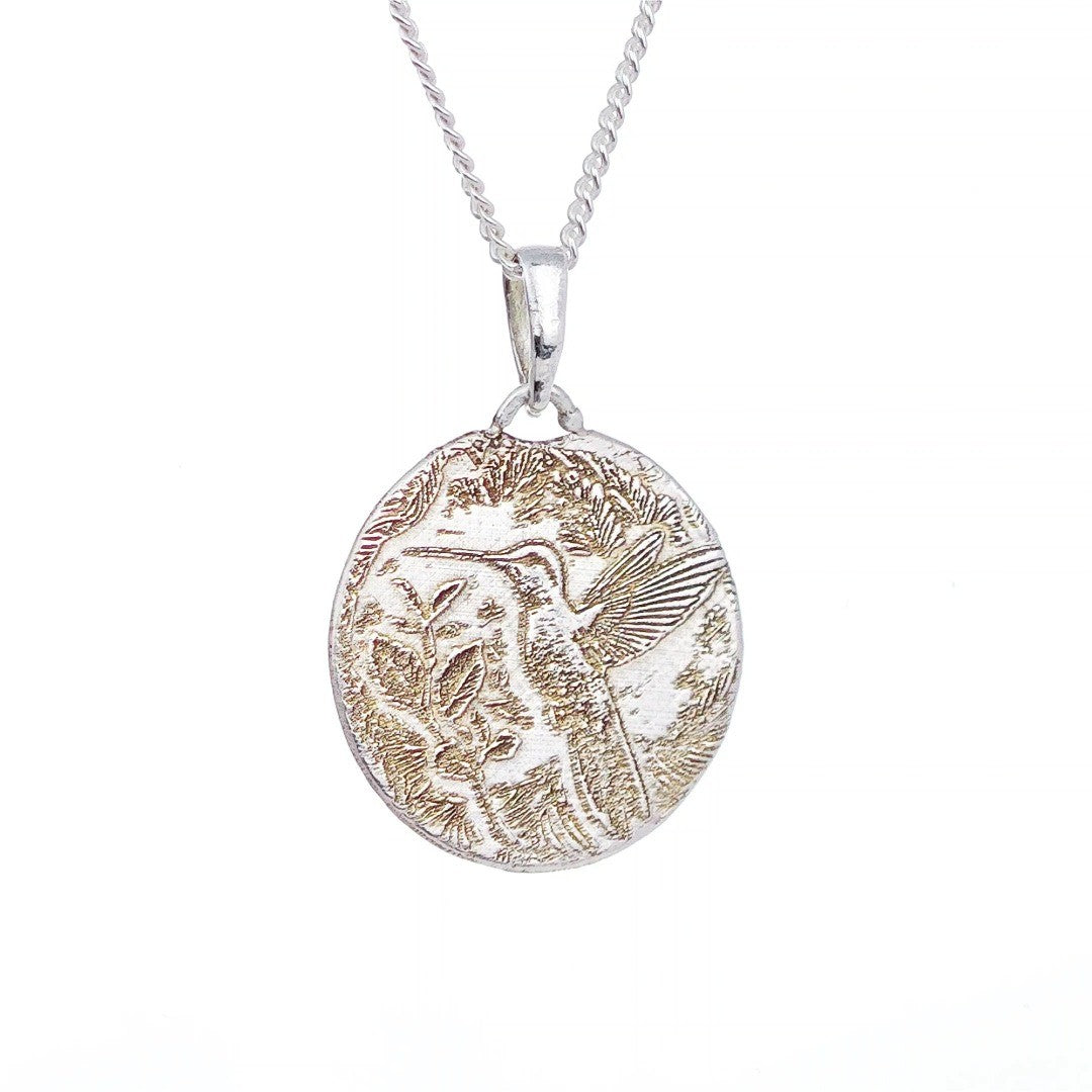 Silver Hummingbird Coin Necklace Pendant Engrave Option Personalise