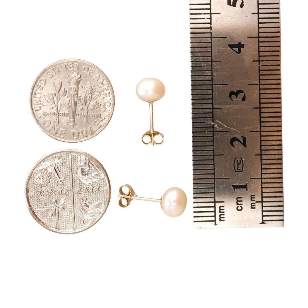 9ct Ivory Pearl Earrings 6mm button studs butterfly back