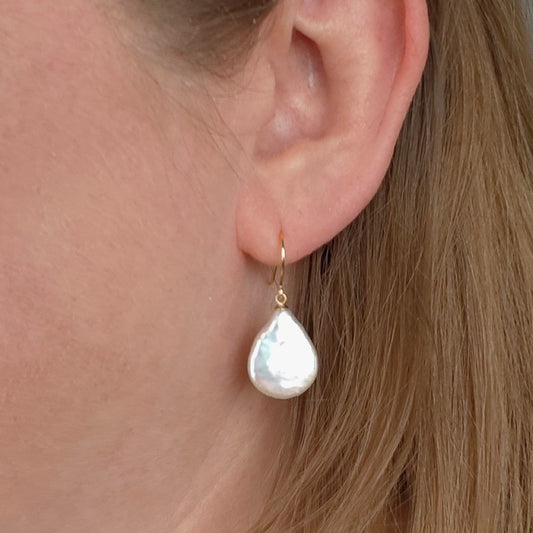 9ct Pearl Dangle Earrings 19mm Ivory Keshi Pear Handmade UK