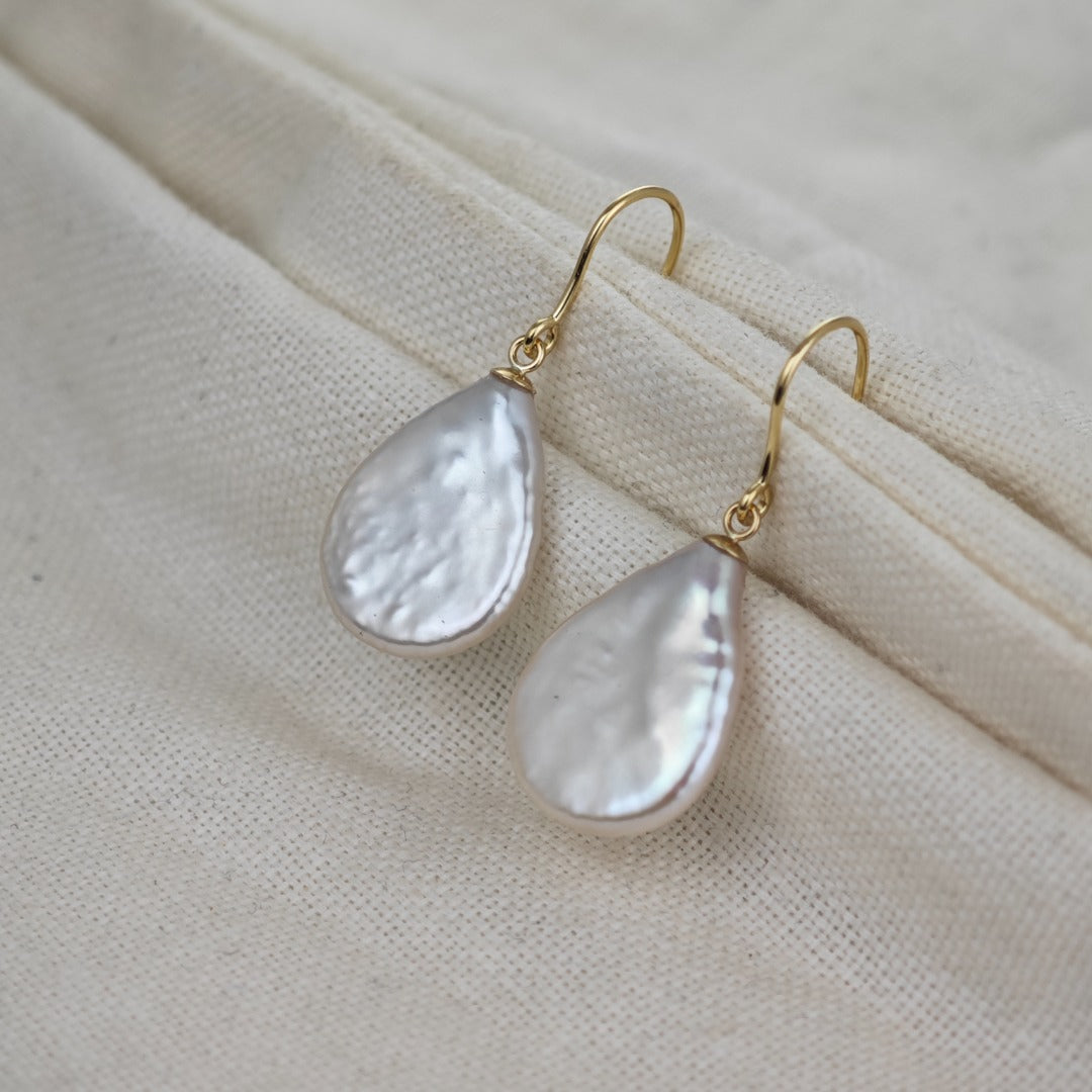 9ct Pearl Dangle Earrings 19mm Ivory Keshi Pear Handmade UK