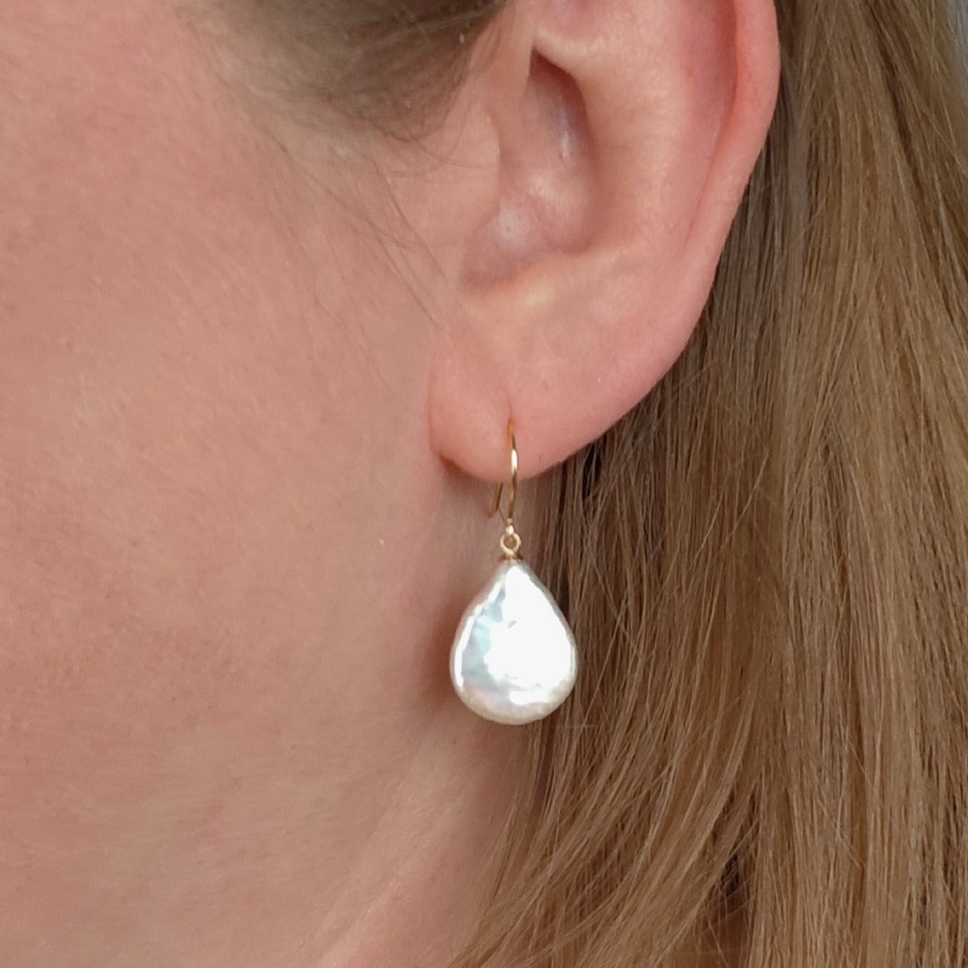 9ct Pearl Dangle Earrings 19mm Ivory Keshi Pear Handmade UK