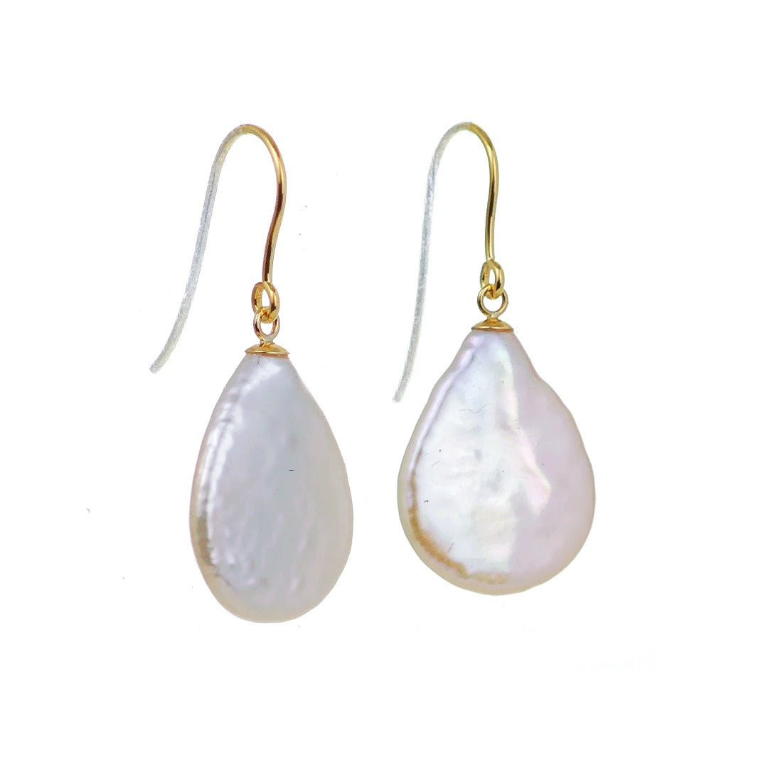 9ct Pearl Dangle Earrings 19mm Ivory Keshi Pear Handmade UK