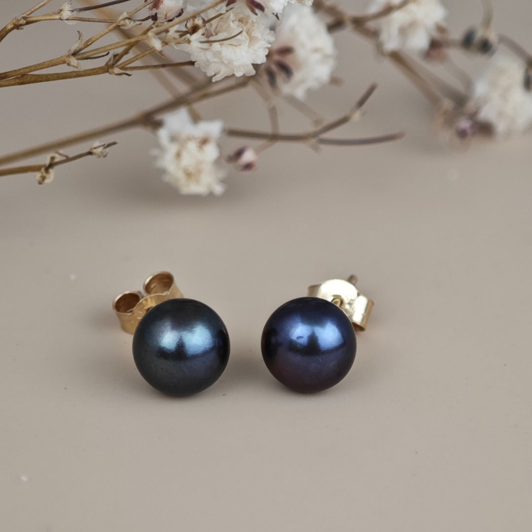 9ct Peacock Pearl Earrings 6mm button studs butterfly back