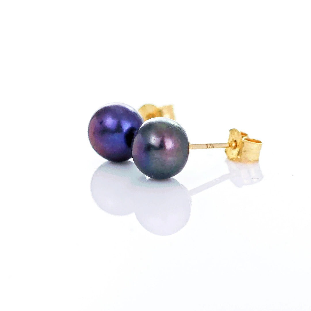 9ct Peacock Pearl Earrings 6mm button studs butterfly back