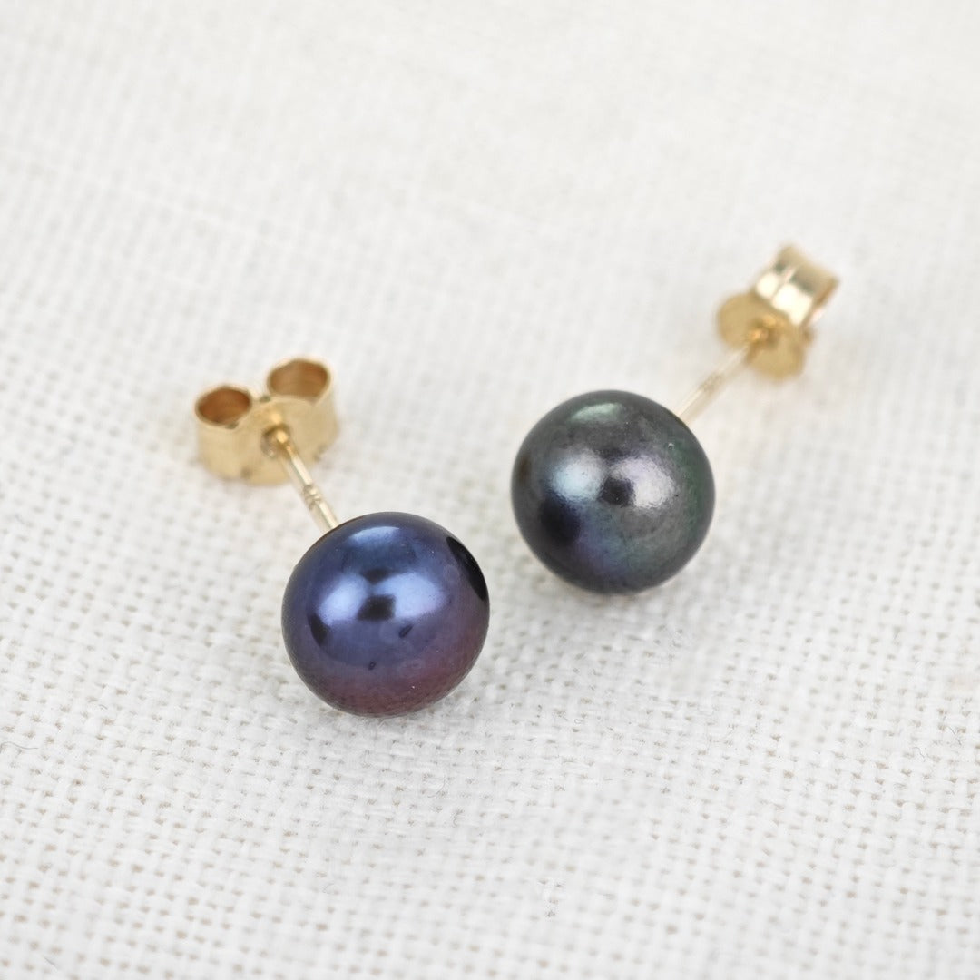 9ct Peacock Pearl Earrings 6mm button studs butterfly back