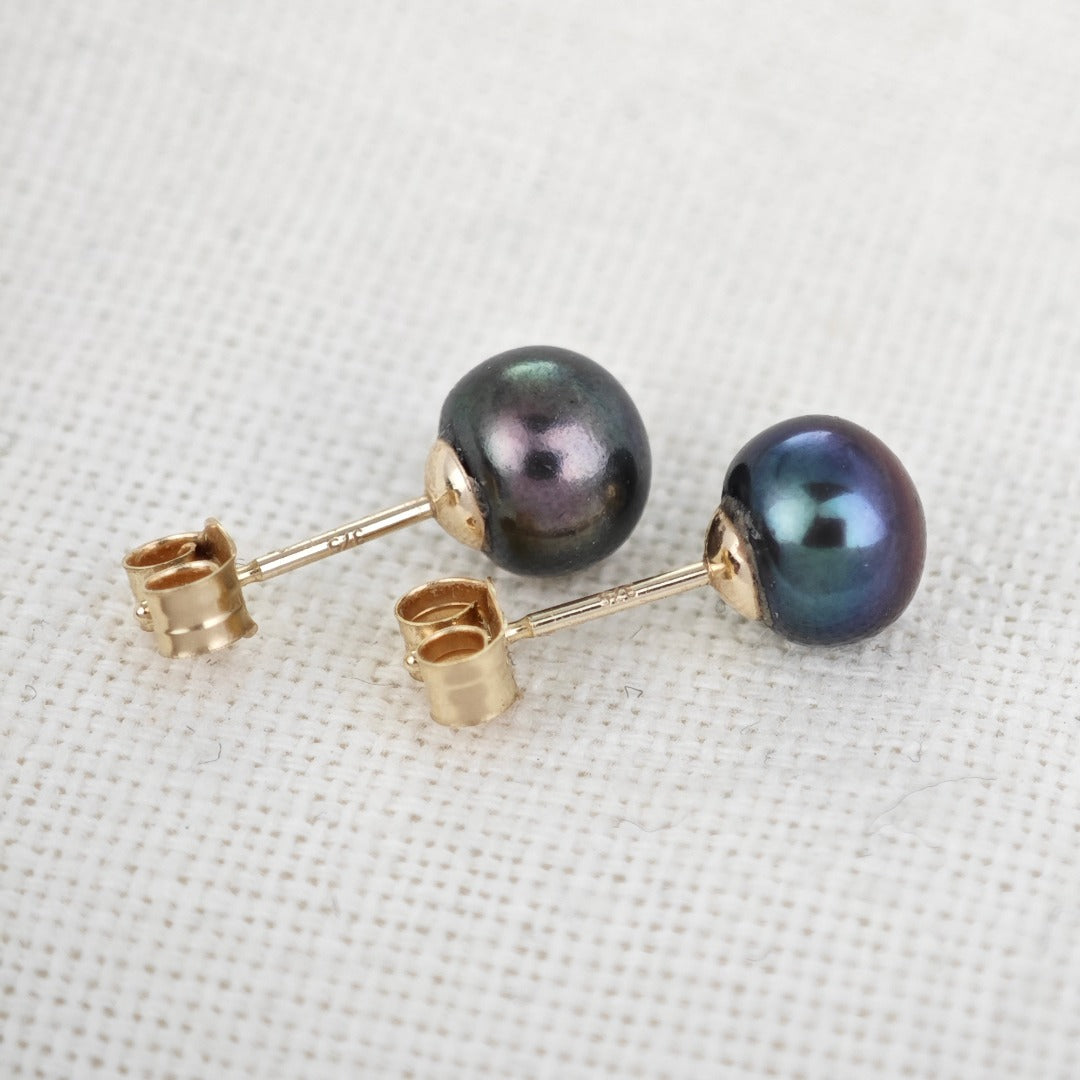 9ct Peacock Pearl Earrings 6mm button studs butterfly back