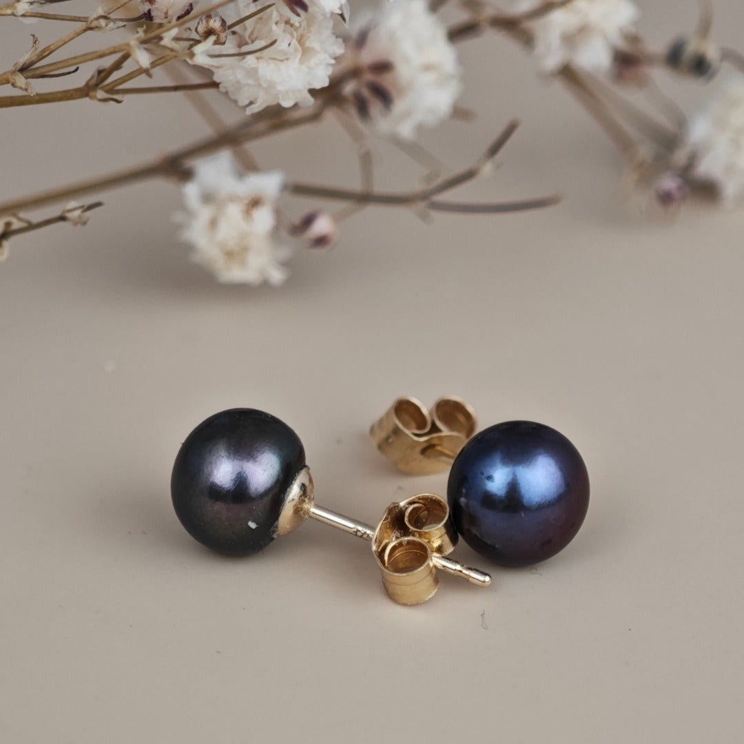 9ct Peacock Pearl Earrings 6mm button studs butterfly back