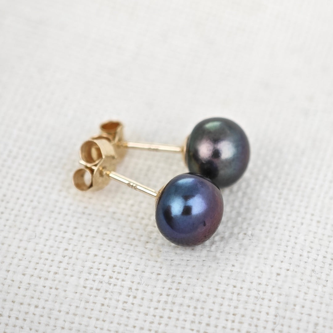 9ct Peacock Pearl Earrings 6mm button studs butterfly back