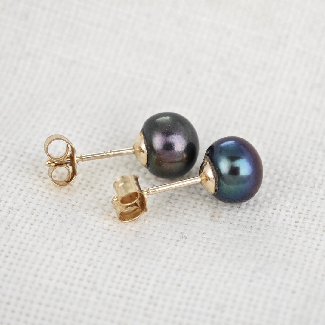 9ct Peacock Pearl Earrings 6mm button studs butterfly back