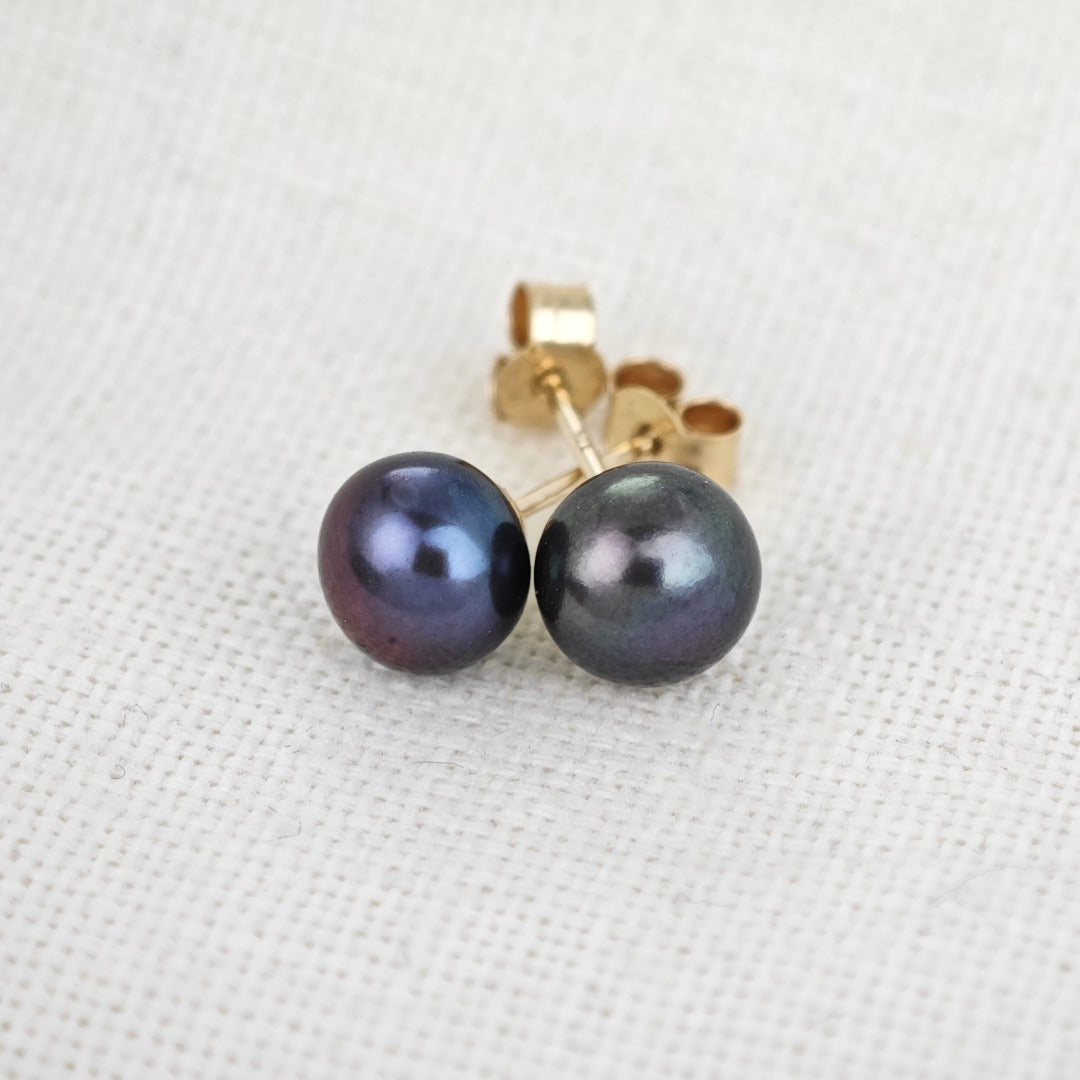 9ct Peacock Pearl Earrings 6mm button studs butterfly back