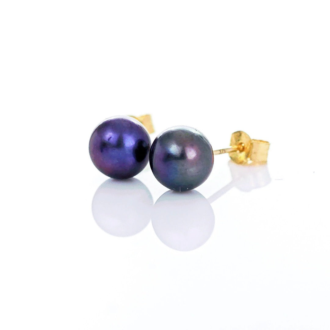 9ct Peacock Pearl Earrings 6mm button studs butterfly back