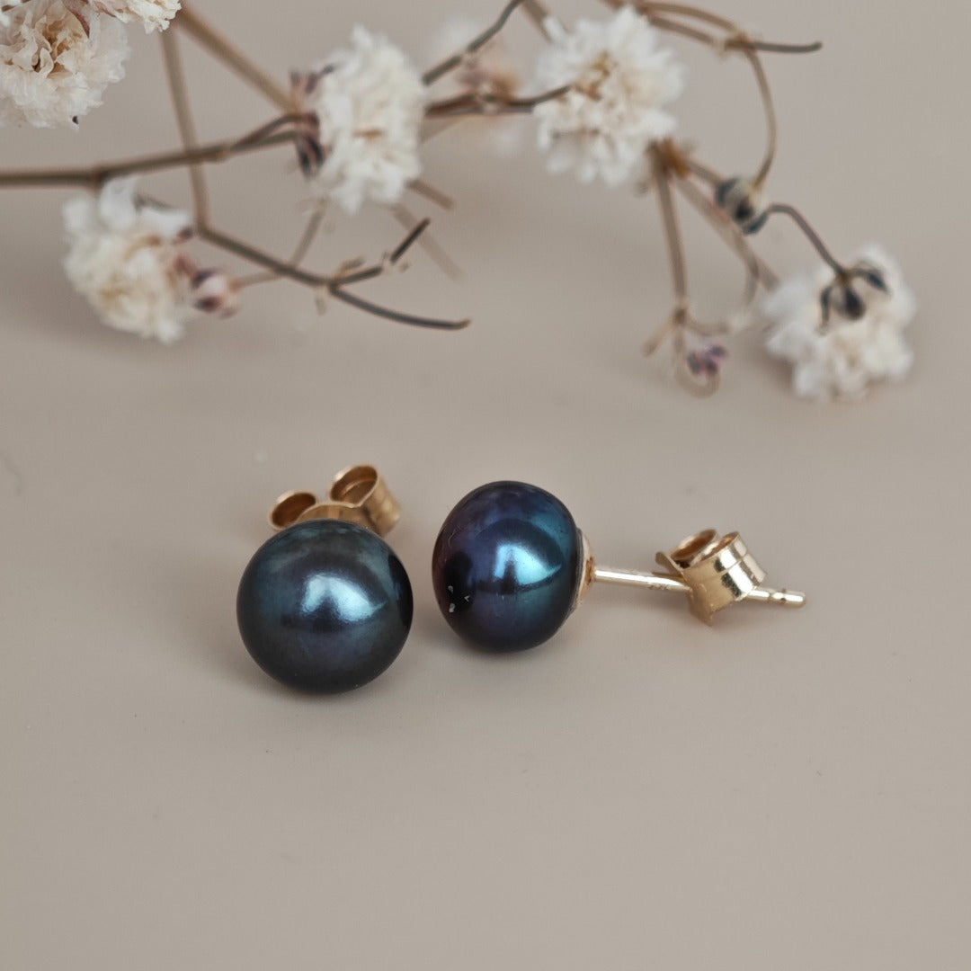 9ct Peacock Pearl Earrings 6mm button studs butterfly back