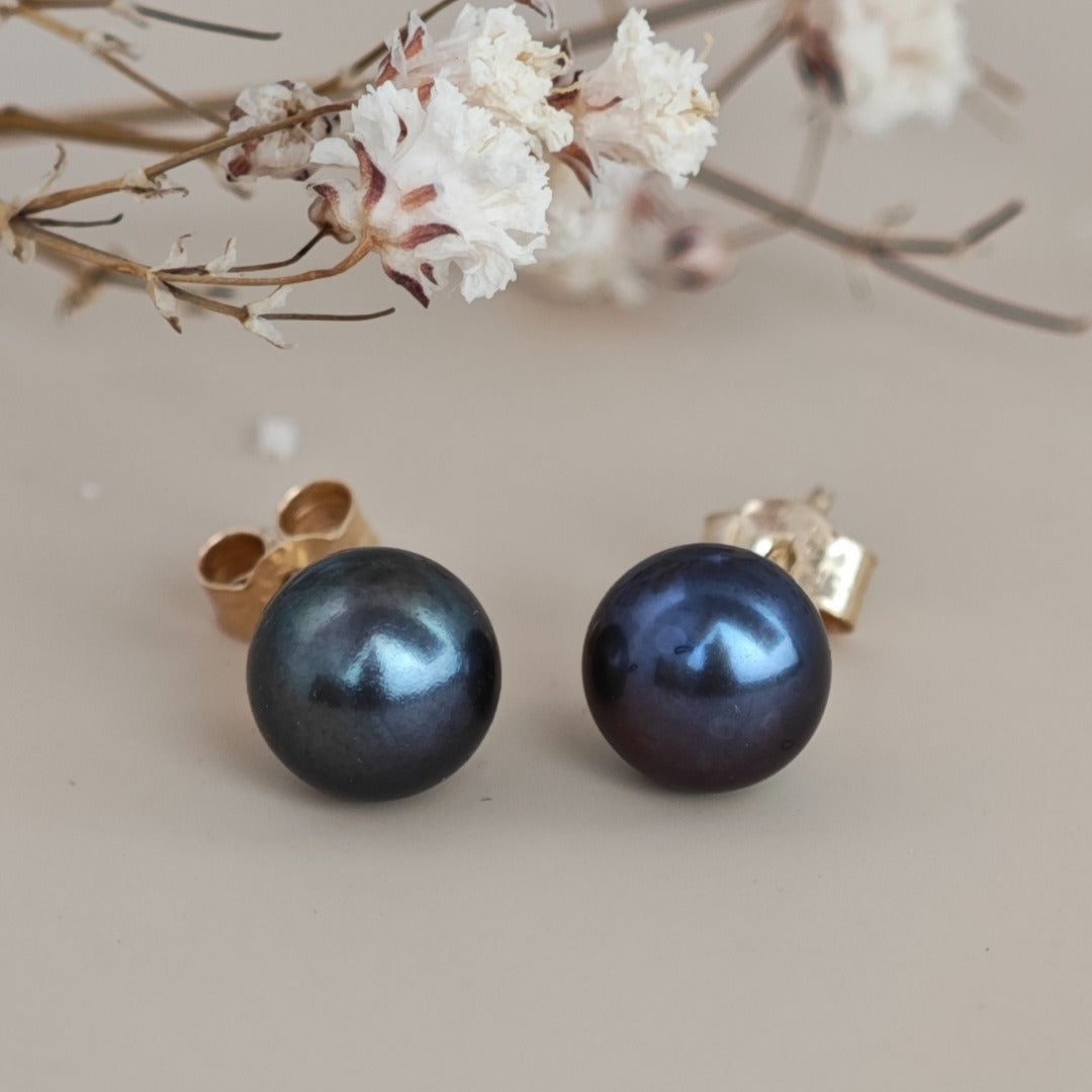 9ct Peacock Pearl Earrings 6mm button studs butterfly back