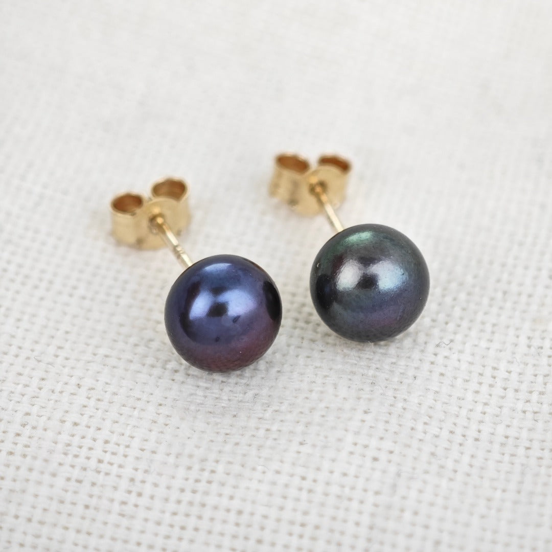 9ct Peacock Pearl Earrings 6mm button studs butterfly back