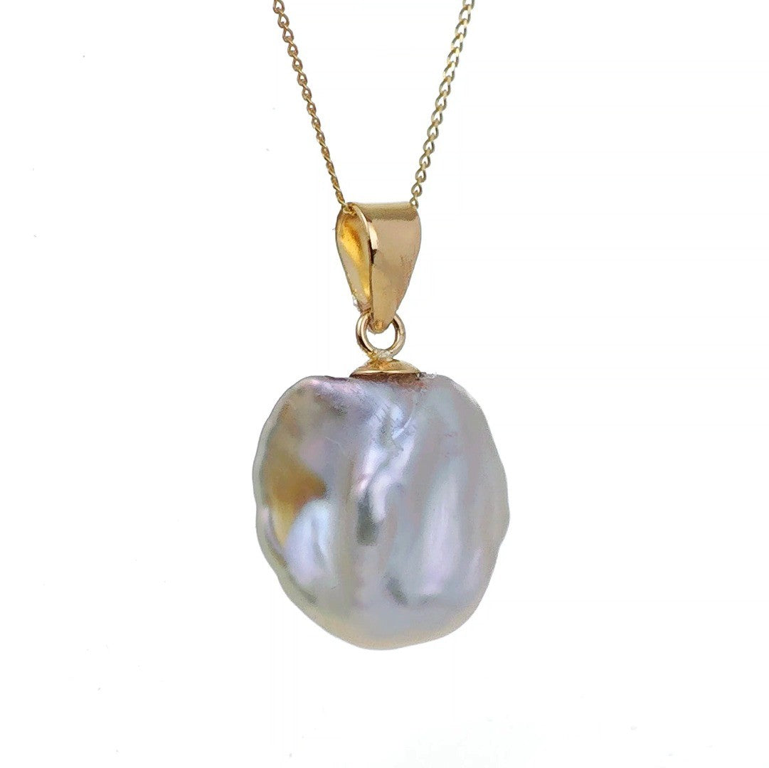 9ct gold pearl necklace, keshi baroque irregular white pearl on white background side 2