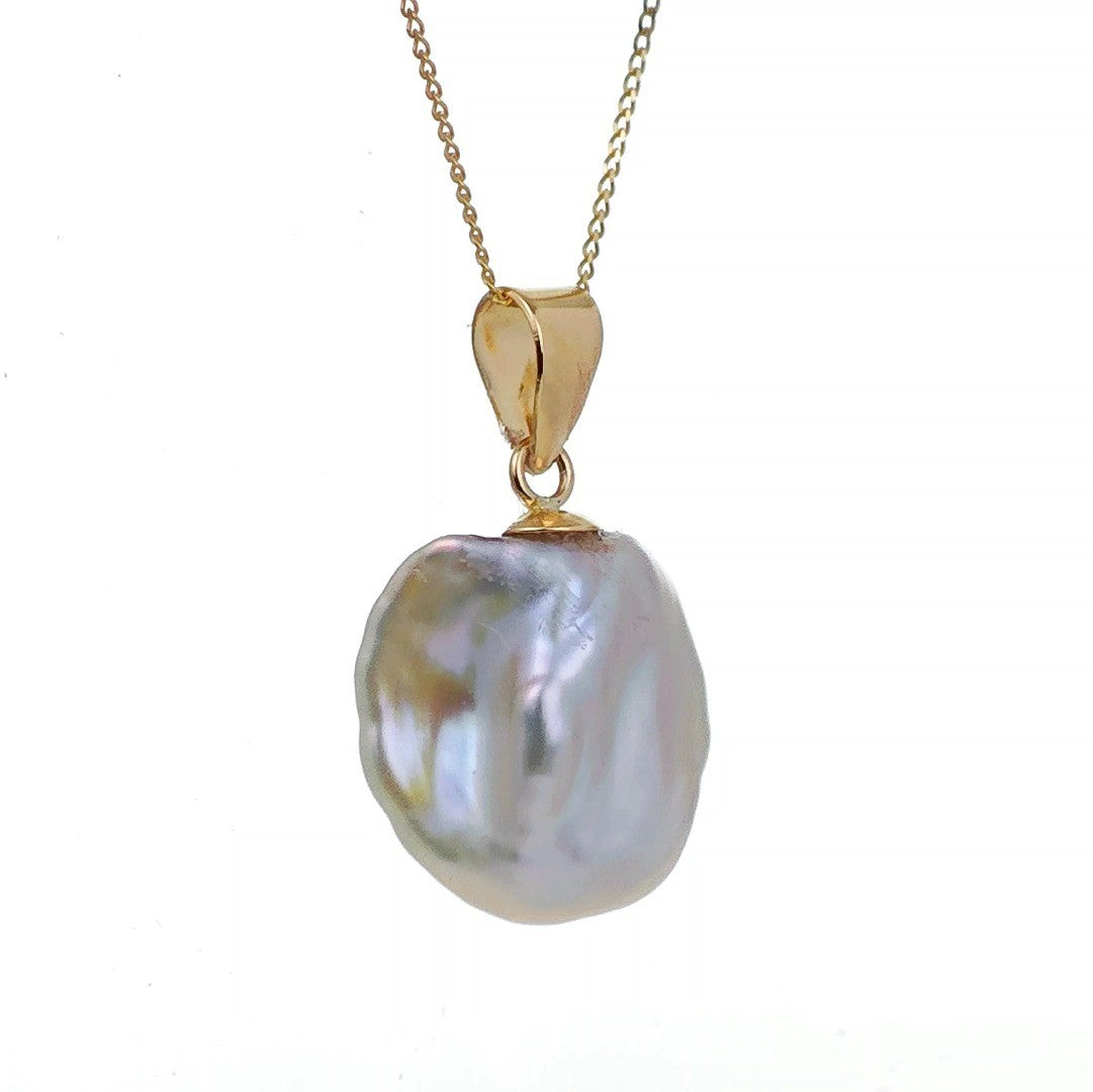 9ct gold pearl necklace, keshi baroque irregular white pearl on white background side 3