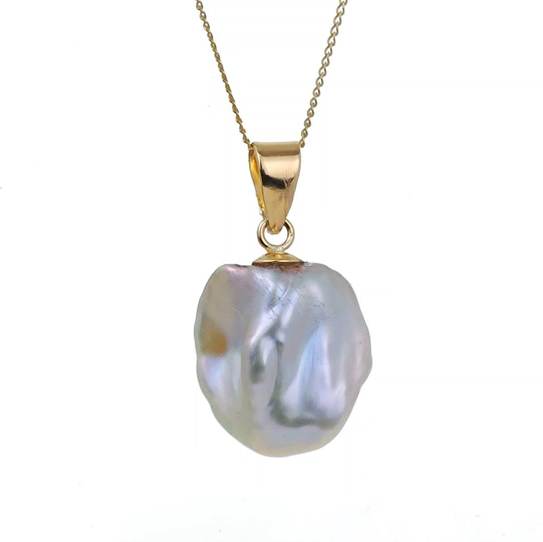 9ct gold pearl necklace, keshi baroque irregular white pearl on white background side 5