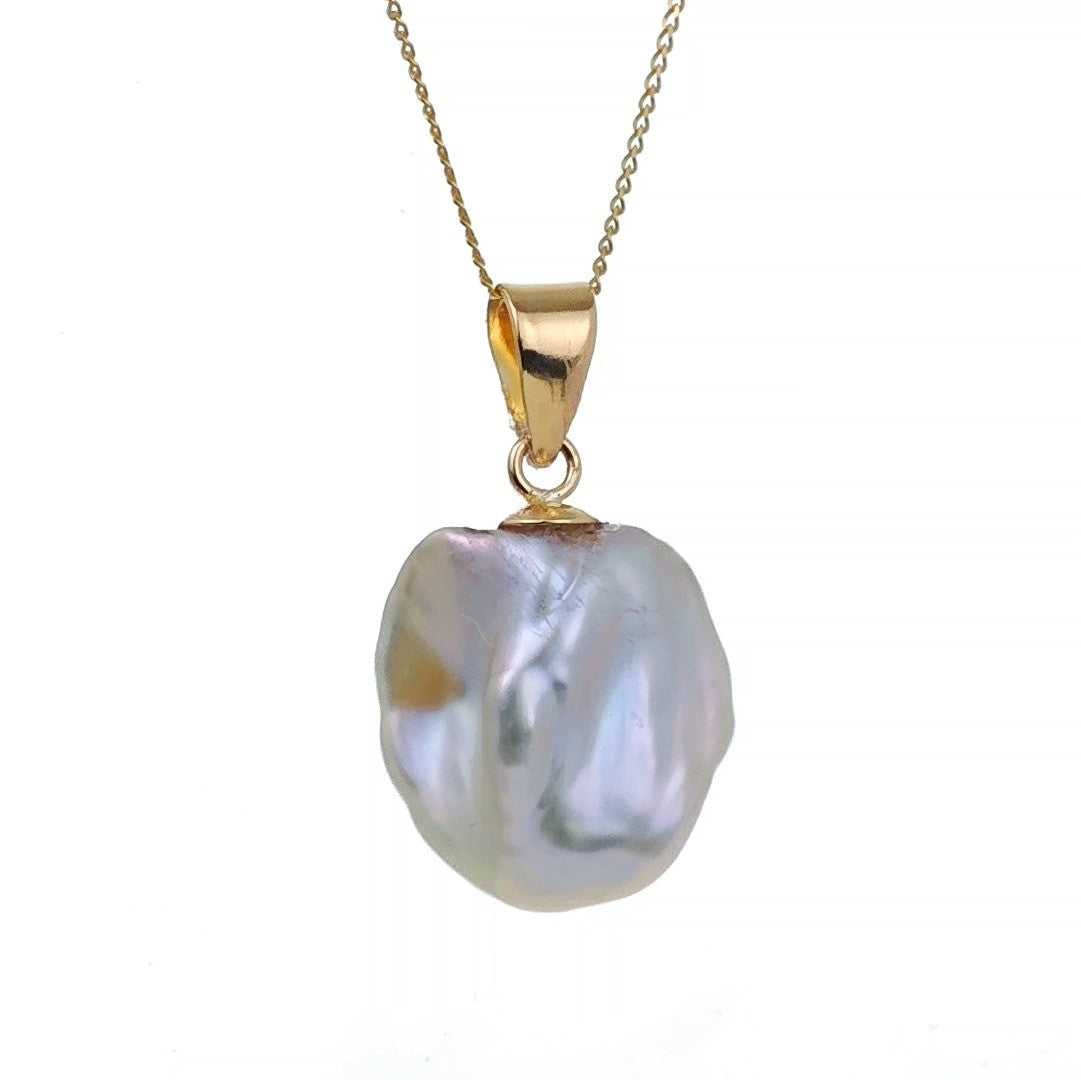 9ct gold pearl necklace, keshi baroque irregular white pearl on white background side