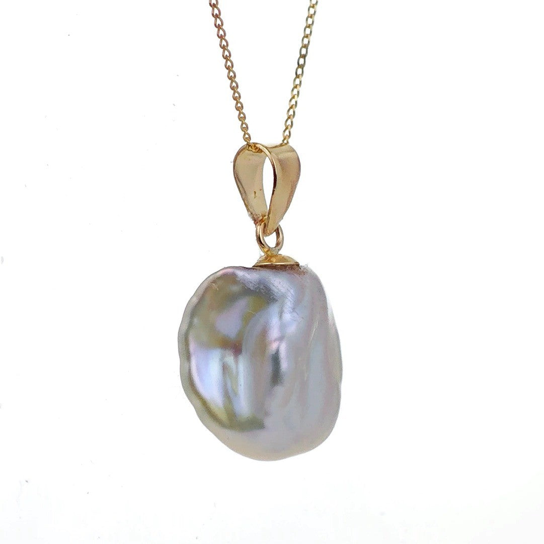 9ct gold pearl necklace, keshi baroque irregular white pearl on white background side 3