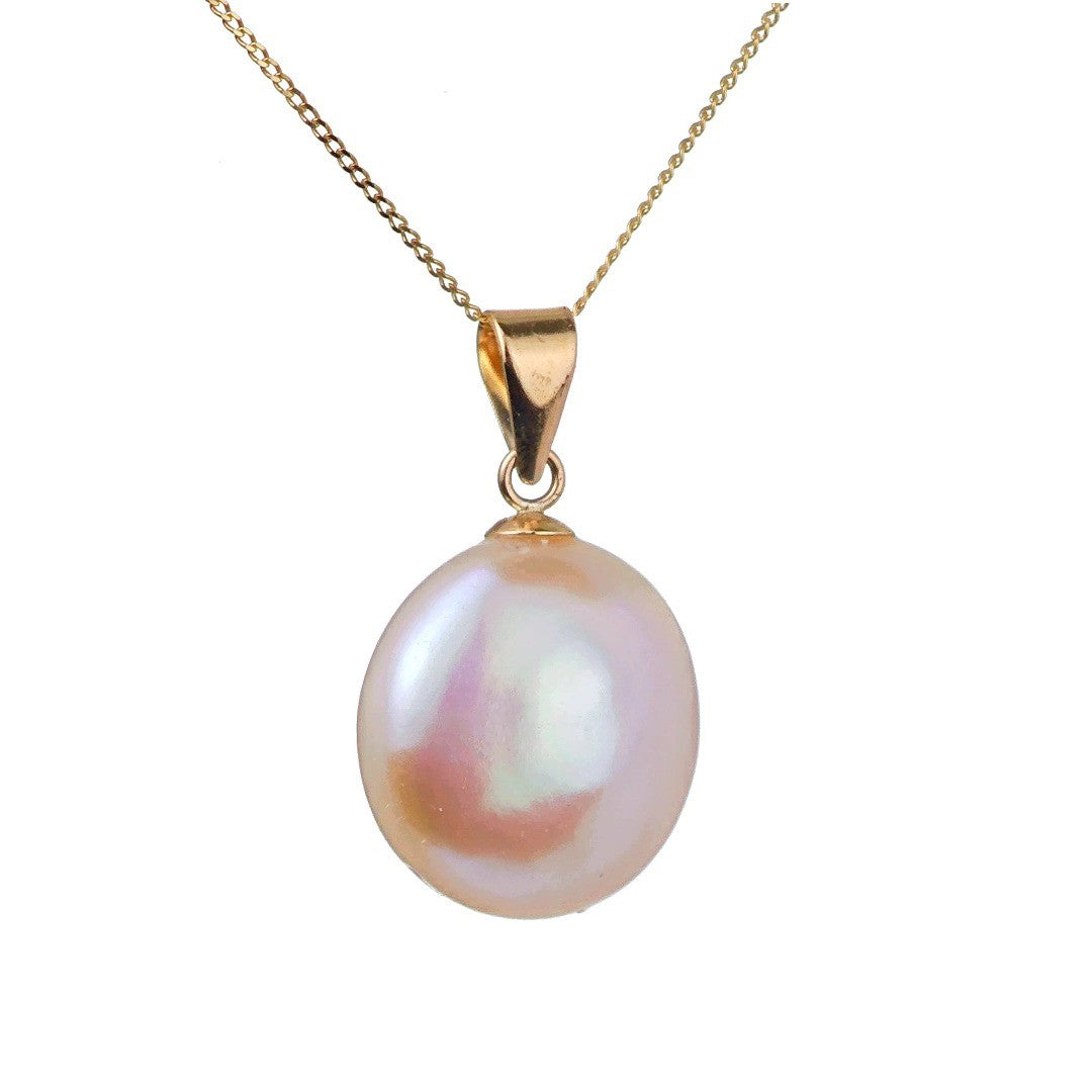 9ct gold disc pearl necklace on white background side view