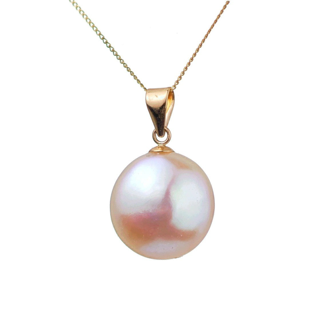 9ct gold disc pearl necklace on white background side view 3