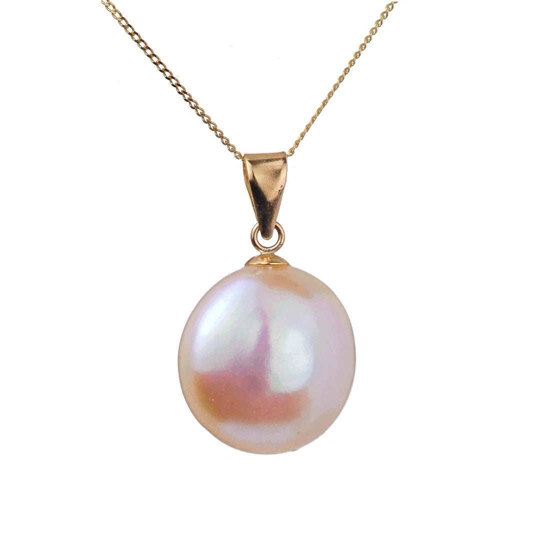 9ct gold disc pearl necklace on white background side view 4