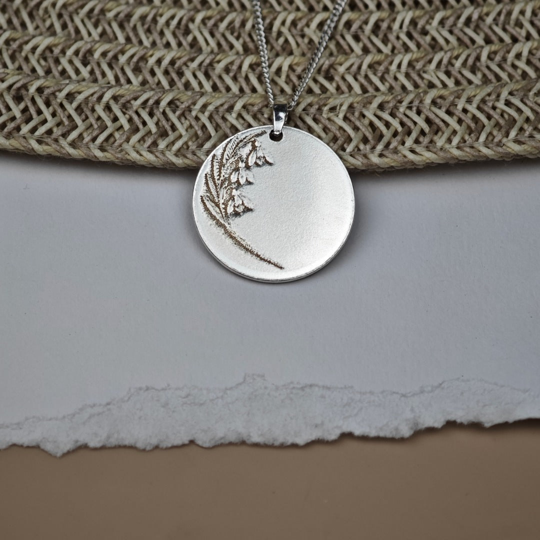 Snowdrop Birth Flower Coin Necklace – Deep Engraved Recycled Sterling Silver