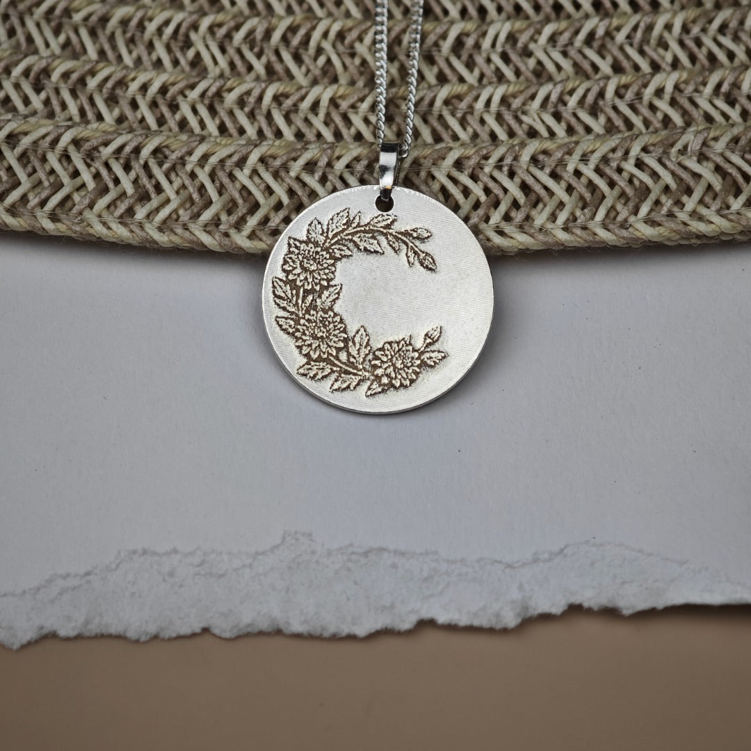 Chrysanthemum Birth Flower Coin Necklace – Deep Engraved Recycled Sterling Silver