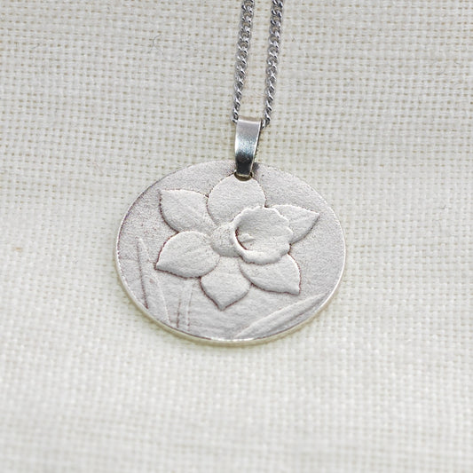 Silver Daffodil Coin Necklace Pendant Engrave Option Personalise 925