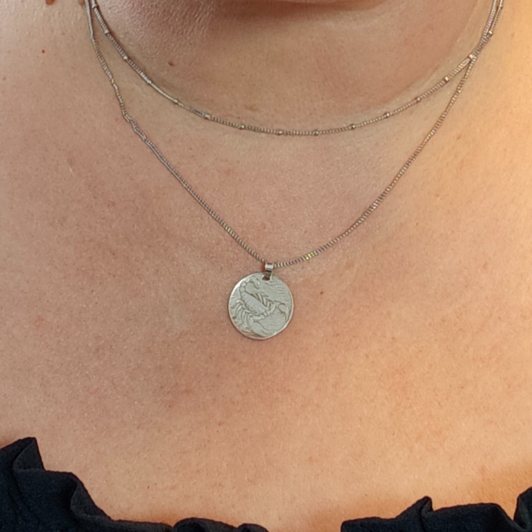 Scorpio Scorpion Zodiac Coin Necklace – Deep Engraved Recycled Sterling Silver