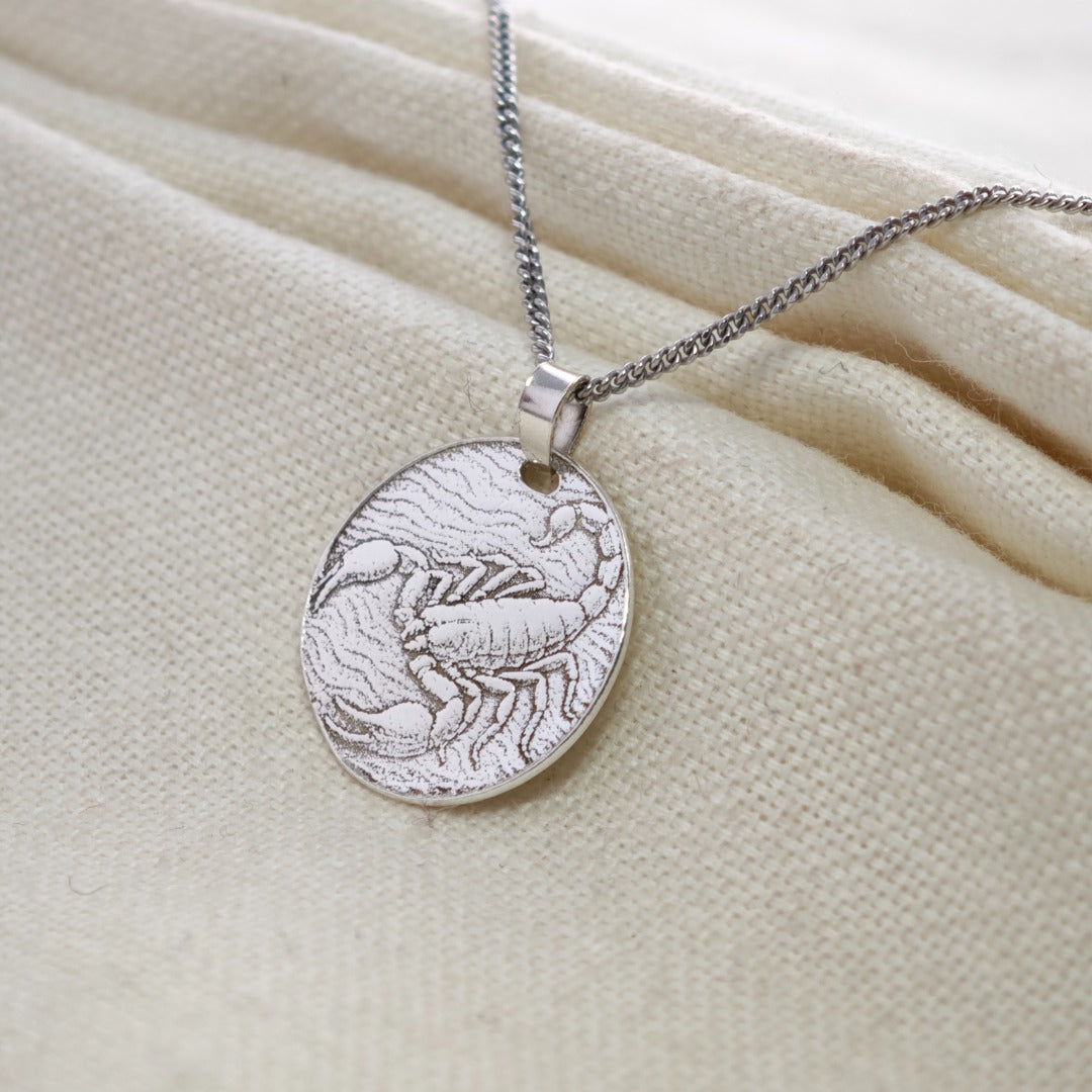 Scorpio Scorpion Zodiac Coin Necklace – Deep Engraved Recycled Sterling Silver