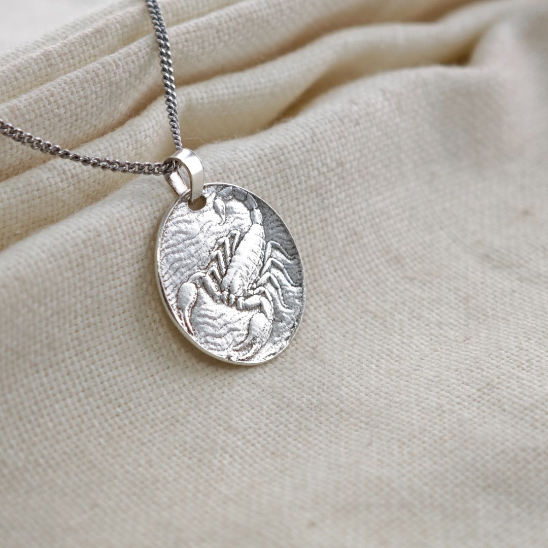 Scorpio Scorpion Zodiac Coin Necklace – Deep Engraved Recycled Sterling Silver