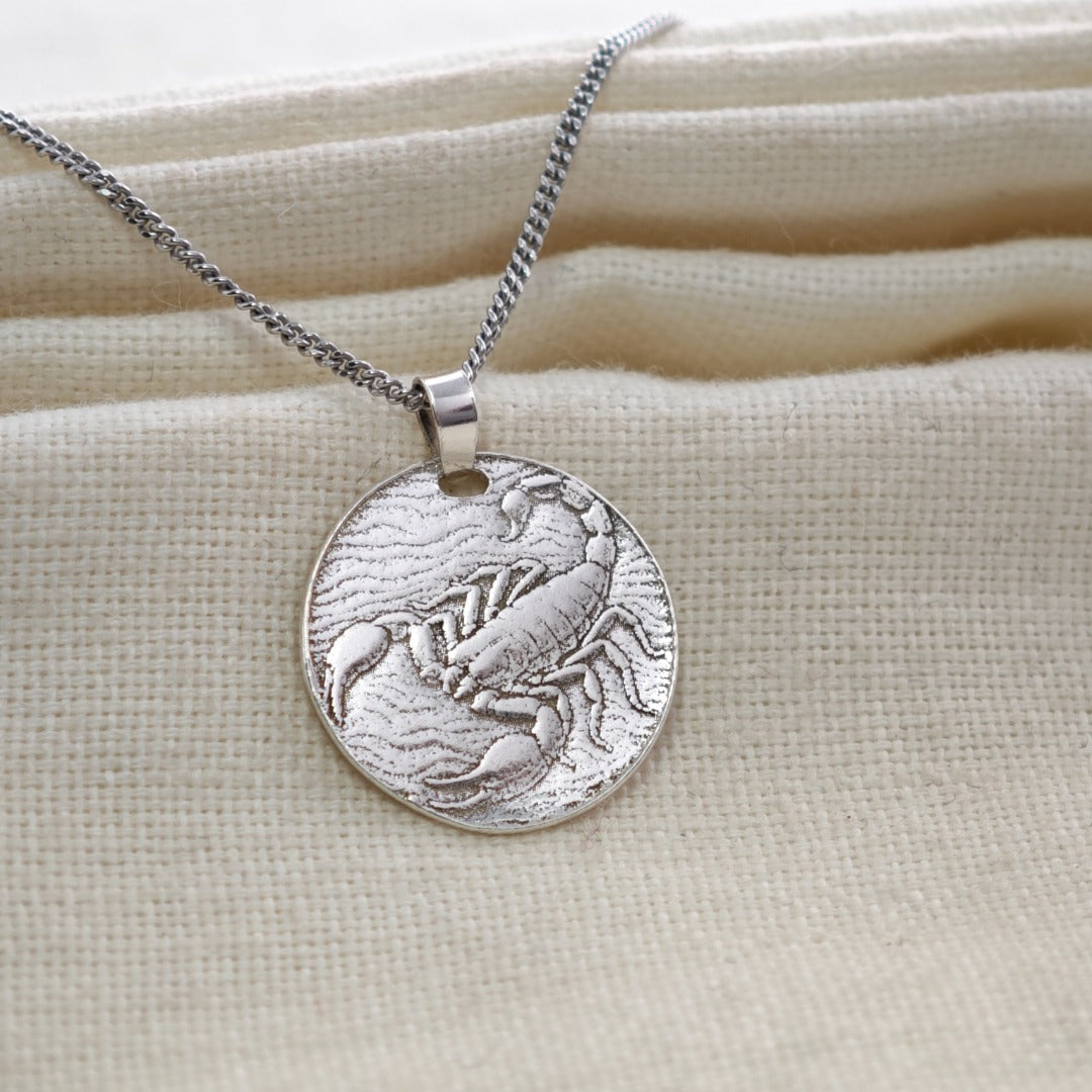 Scorpio Scorpion Zodiac Coin Necklace – Deep Engraved Recycled Sterling Silver