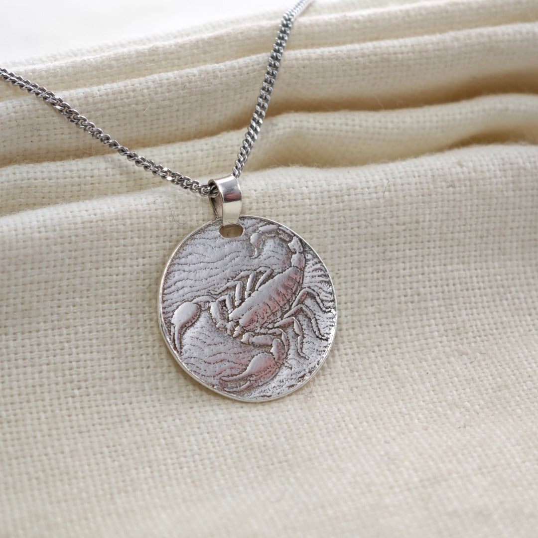 Scorpio Scorpion Zodiac Coin Necklace – Deep Engraved Recycled Sterling Silver
