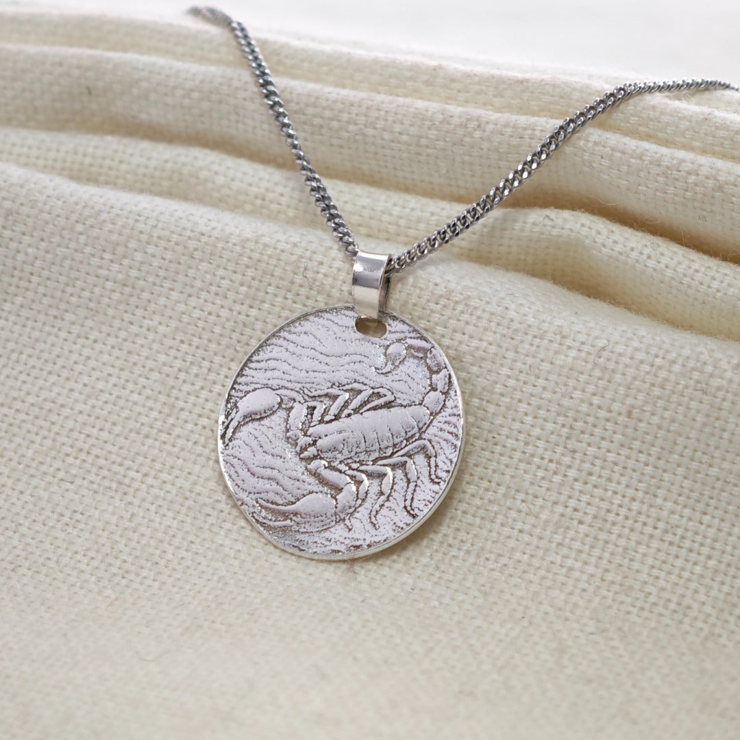 Scorpio Scorpion Zodiac Coin Necklace – Deep Engraved Recycled Sterling Silver