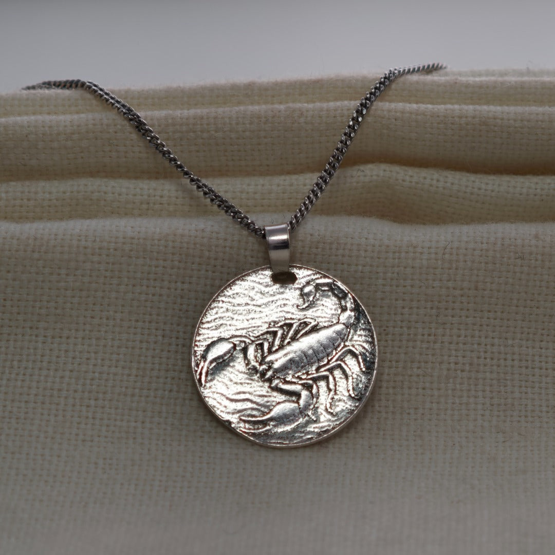 Scorpio Scorpion Zodiac Coin Necklace – Deep Engraved Recycled Sterling Silver