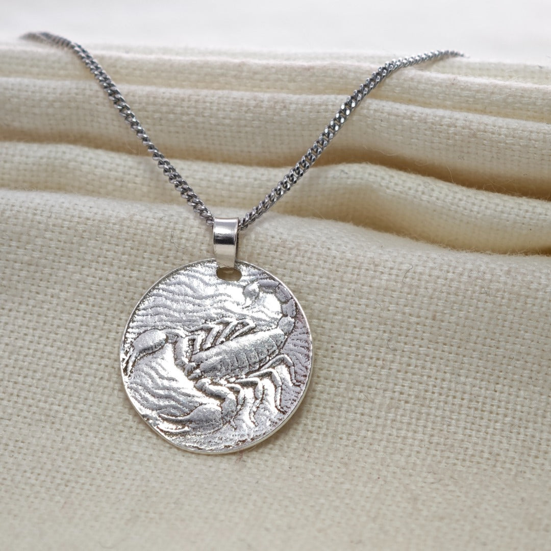 Scorpio Scorpion Zodiac Coin Necklace – Deep Engraved Recycled Sterling Silver