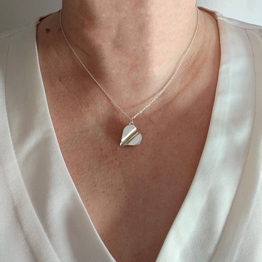 Sterling Silver Paper Plane Heart Pendant Necklace 925 Engravable Handmade UK