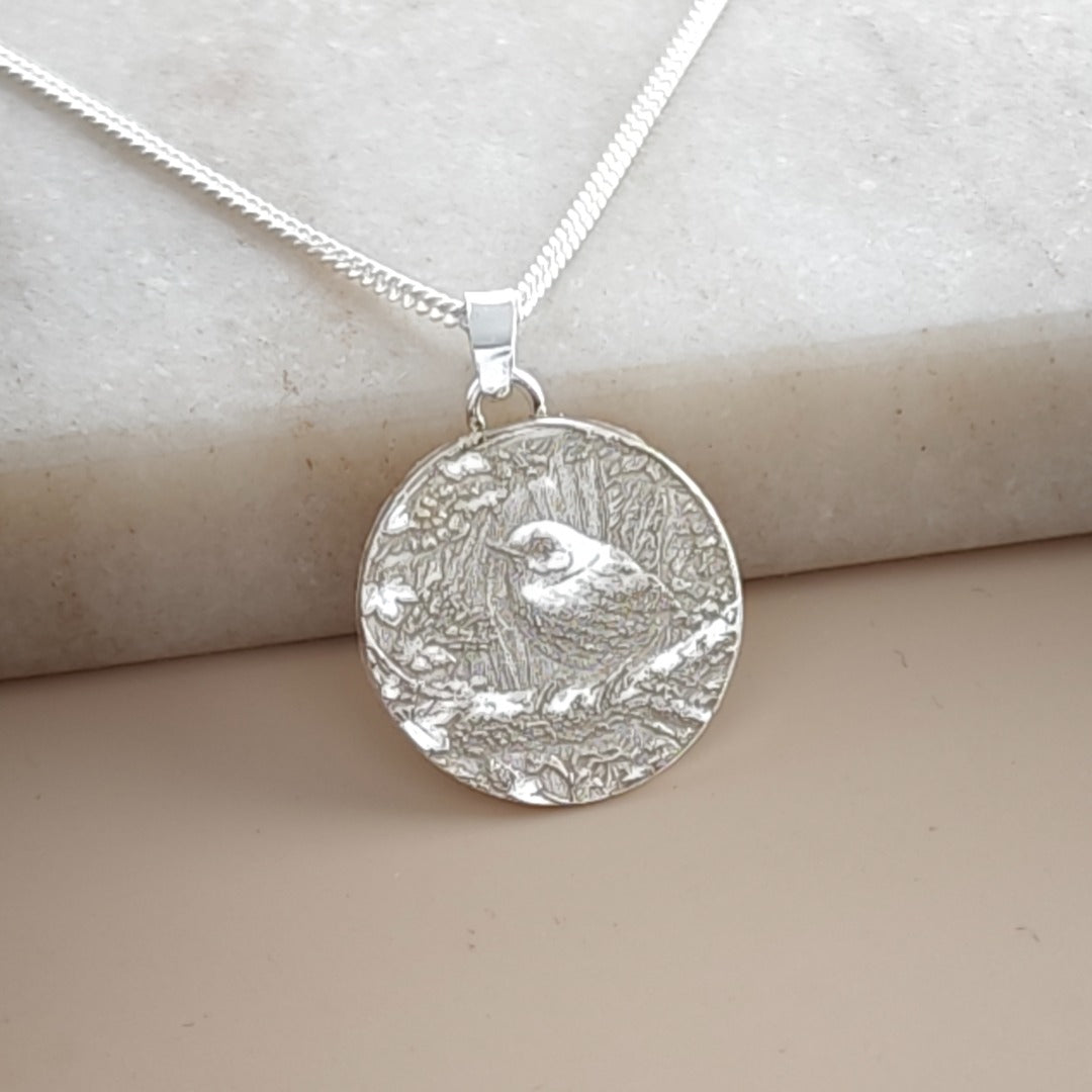 Wren Engraved Sterling Silver Coin Necklace