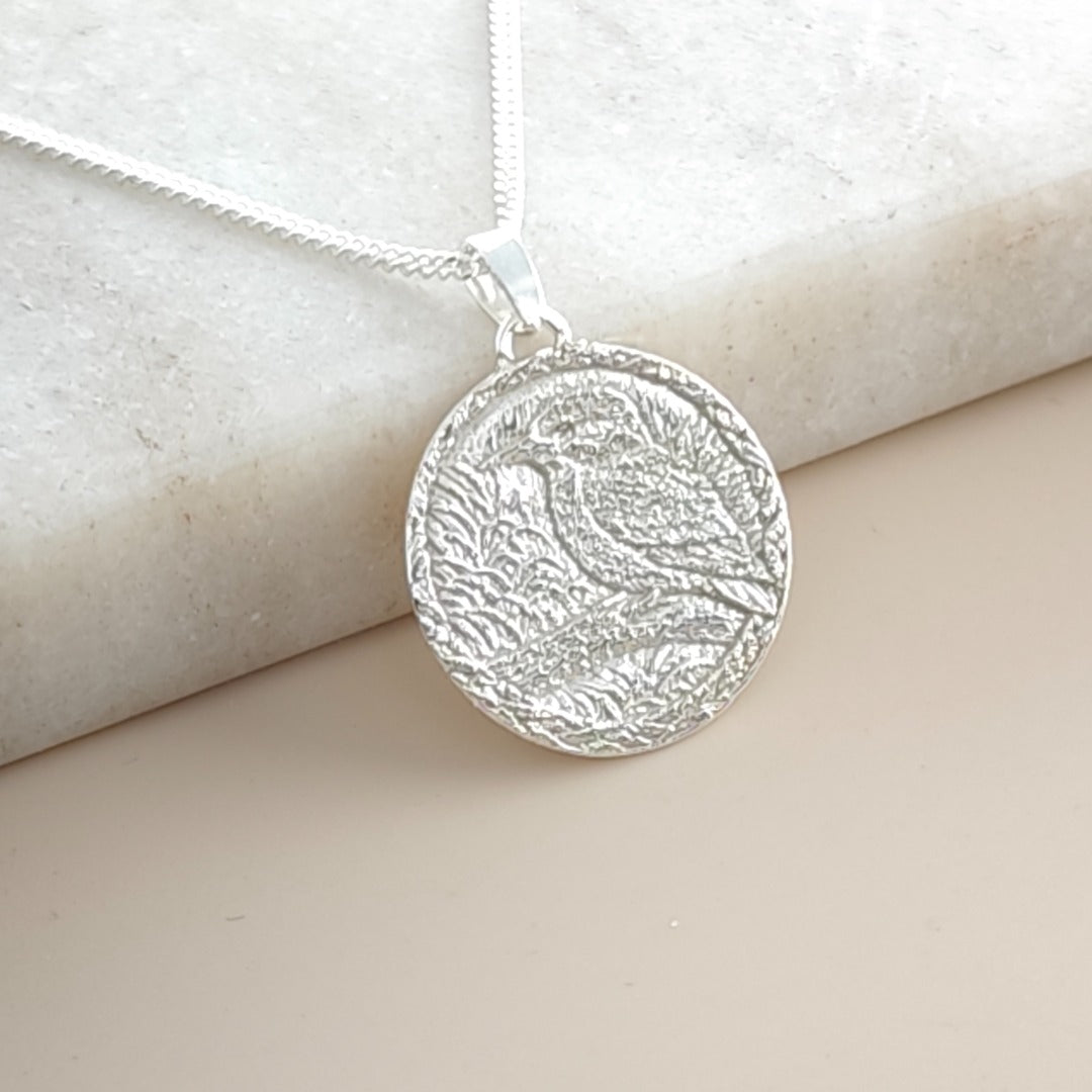 Kingfisher Engraved Sterling Silver Coin Necklace