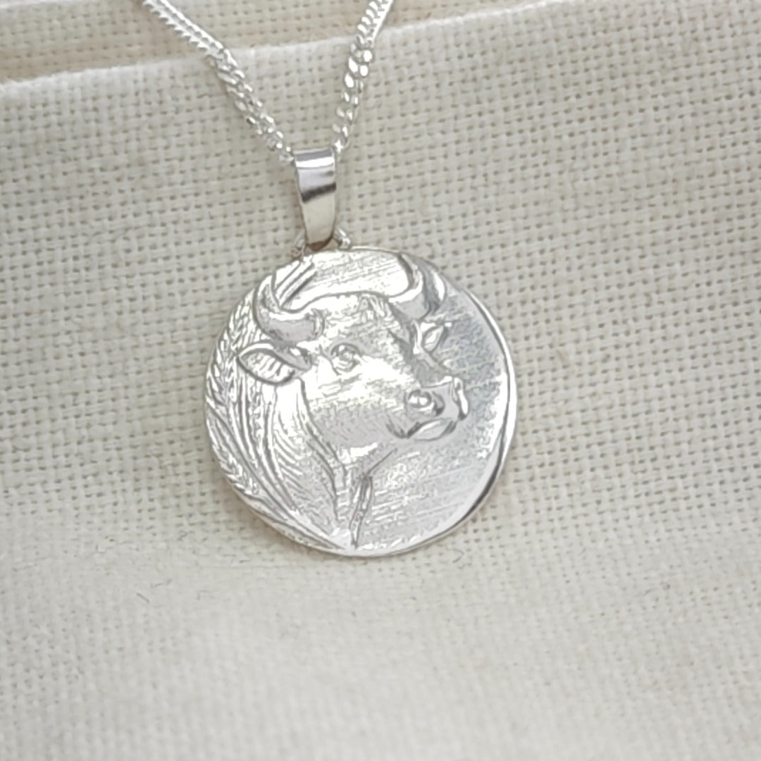 Taurus Bull Zodiac Coin Necklace – Deep Engraved Recycled Sterling Silver