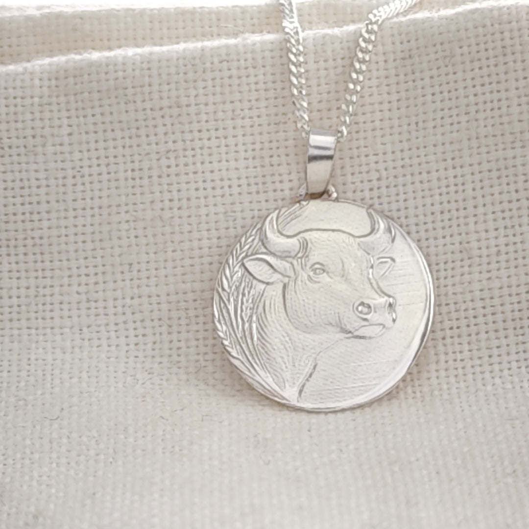 Taurus Bull Zodiac Coin Necklace – Deep Engraved Recycled Sterling Silver