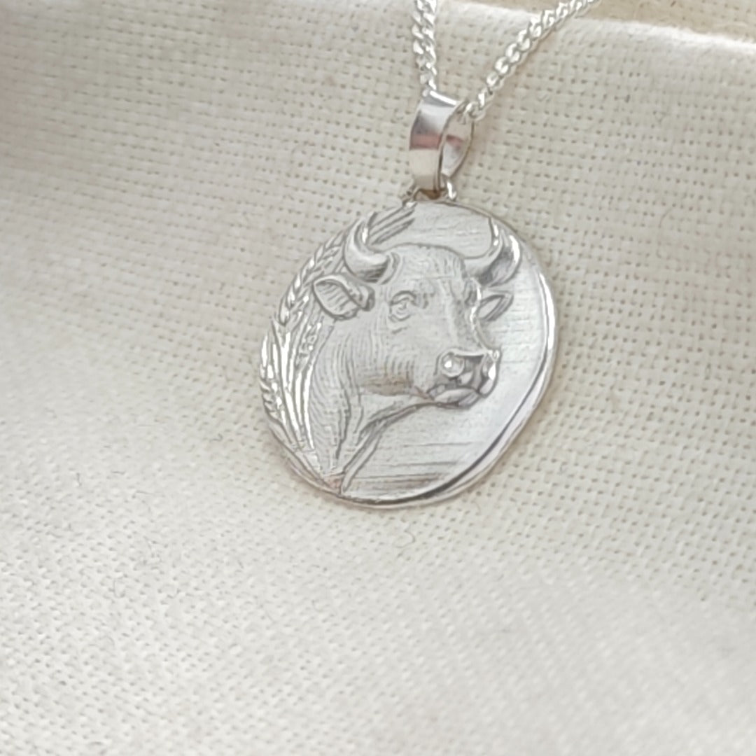 Taurus Bull Zodiac Coin Necklace – Deep Engraved Recycled Sterling Silver
